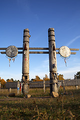 Image showing Traditional Buryat pagan sacred poles. The Baikal lake