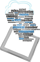 Image showing tablet pc in social media words, communication in the global computer networks