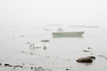 Image showing Old fishing boat at coast foggy in the morning