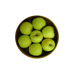 Image showing Seven apples in a wooden bowl