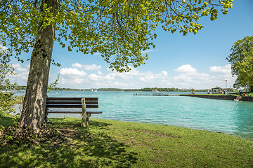 Image showing Lake Chiemsee with tree and bench