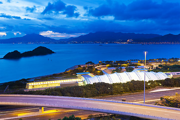 Image showing Sunset coast at highway and station