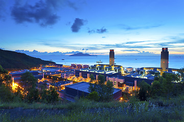 Image showing Sunset at power plant along the coast in Hong Kong