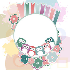 Image showing Seamless retro flowers and owl kids illustration background pattern