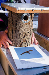 Image showing seller hands handmade bird house nesting box 
