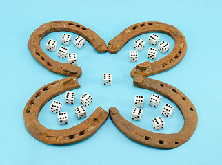 Image showing clover retro horse shoes gamble dice six blue 