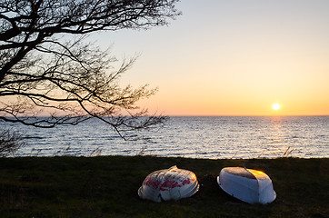 Image showing Rowing boats at sunset