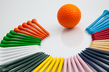 Image showing The colorful wooden golf tees 