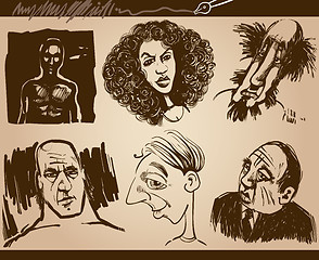 Image showing people faces caricature sketch drawings set