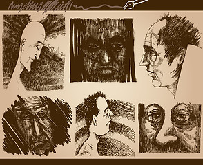 Image showing people faces sketch drawings set