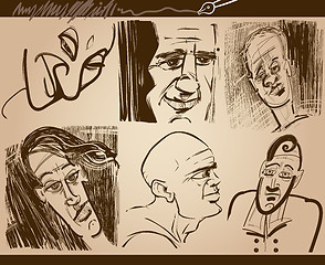 Image showing people faces caricature sketch drawings set