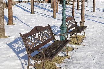 Image showing retro decor benches park tree trunk snow winter 