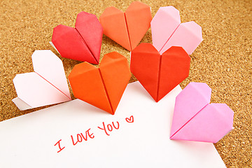 Image showing Origami paper hearts with message 