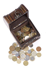 Image showing Wooden casket full of coins thai