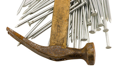 Image showing curvy vintage rusty hammer nails pile isolated 