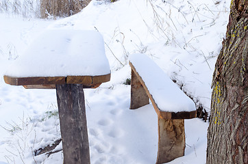 Image showing old table bench deep snowbank surface cover snow  