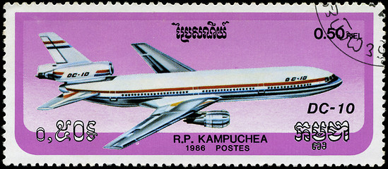 Image showing CAMBODIA - CIRCA 1986: stamp printed by Cambodia, shows airplane