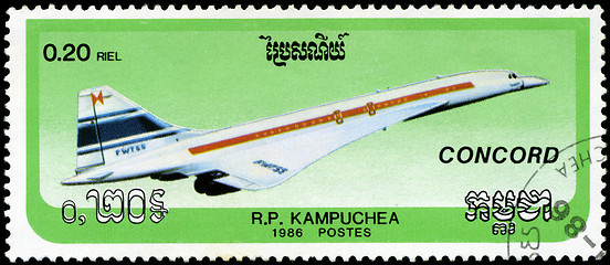 Image showing CAMBODIA - CIRCA 1986: stamp printed by Cambodia, shows airplane