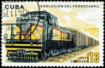 Image showing CUBA - CIRCA 1975 : A post stamp printed in Cuba shows moving tr