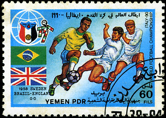 Image showing YEMEN - CIRCA 1990: stamp printed by Yemen, shows soccer players