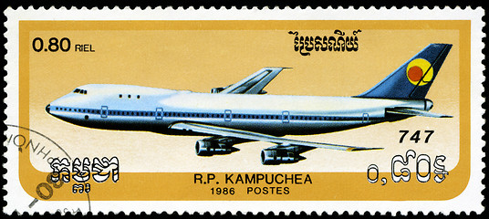 Image showing CAMBODIA - CIRCA 1986: stamp printed by Cambodia, shows airplane