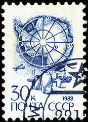 Image showing RUSSIA - CIRCA 1988: stamp printed by Russia, shows ship and pen