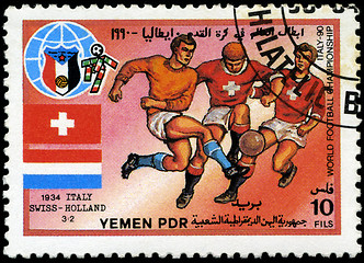 Image showing YEMEN - CIRCA 1990: stamp printed by Yemen, shows soccer players
