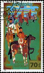 Image showing MONGOLIA - CIRCA 1988: stamp printed by Mongolia, shows horseman