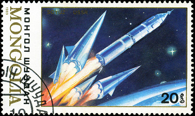 Image showing MONGOLIA - CIRCA 1989: stamp printed by Mongolia, shows spaceshi