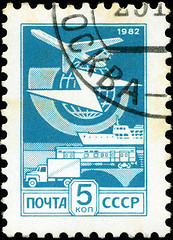 Image showing USSR - CIRCA 1982: A Stamp printed in USSR shows the Mail Transp