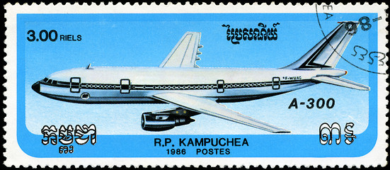 Image showing CAMBODIA - CIRCA 1986: stamp printed by Cambodia, shows airplane