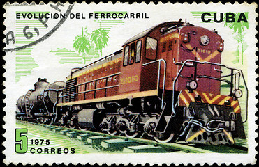 Image showing CUBA - CIRCA 1975 : A post stamp printed in Cuba shows moving tr