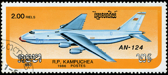 Image showing CAMBODIA - CIRCA 1986: stamp printed by Cambodia, shows airplane