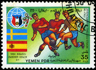 Image showing YEMEN - CIRCA 1990: stamp printed by Yemen, shows soccer players