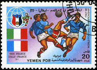 Image showing YEMEN - CIRCA 1990: stamp printed by Yemen, shows soccer players