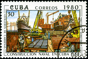 Image showing CUBA - CIRCA 1980: A stamp printed in Cuba shows image shipyard 