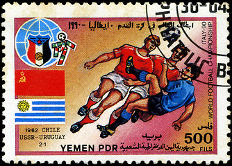 Image showing YEMEN - CIRCA 1990: stamp printed by Yemen, shows soccer players