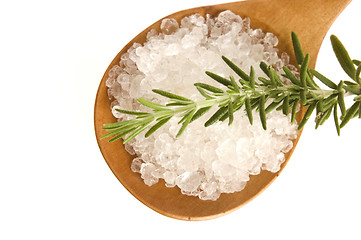 Image showing sea salt with rosemary on a wooden spoon