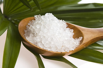 Image showing bath salt and palm leaf 