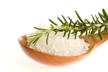 Image showing sea salt with rosemary on a wooden spoon