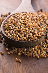 Image showing Buckwheat seeds on wooden spoon in closeup 