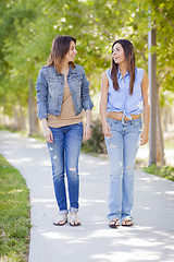 Image showing Young Adult Mixed Race Twin Sisters Walking Together