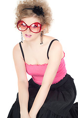 Image showing Blonde in big red sunglasses