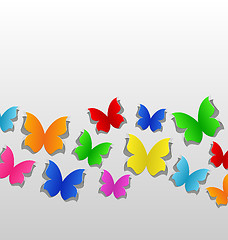 Image showing Set cut out colorful butterfly, grey paper