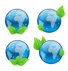 Image showing Set icon earth with green leaves isolated on white background