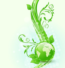 Image showing Wavy background with global planet and eco green leaves