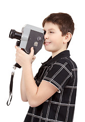 Image showing young boy with old vintage analog 8mm camera