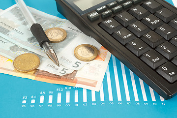 Image showing Stock market graphs with pen and euro coins