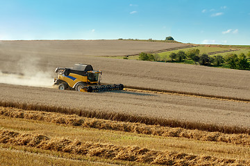 Image showing Yellow harvester combine on field harvesting gold wheat