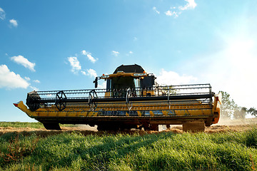 Image showing Yellow harvester combine on field harvesting gold wheat